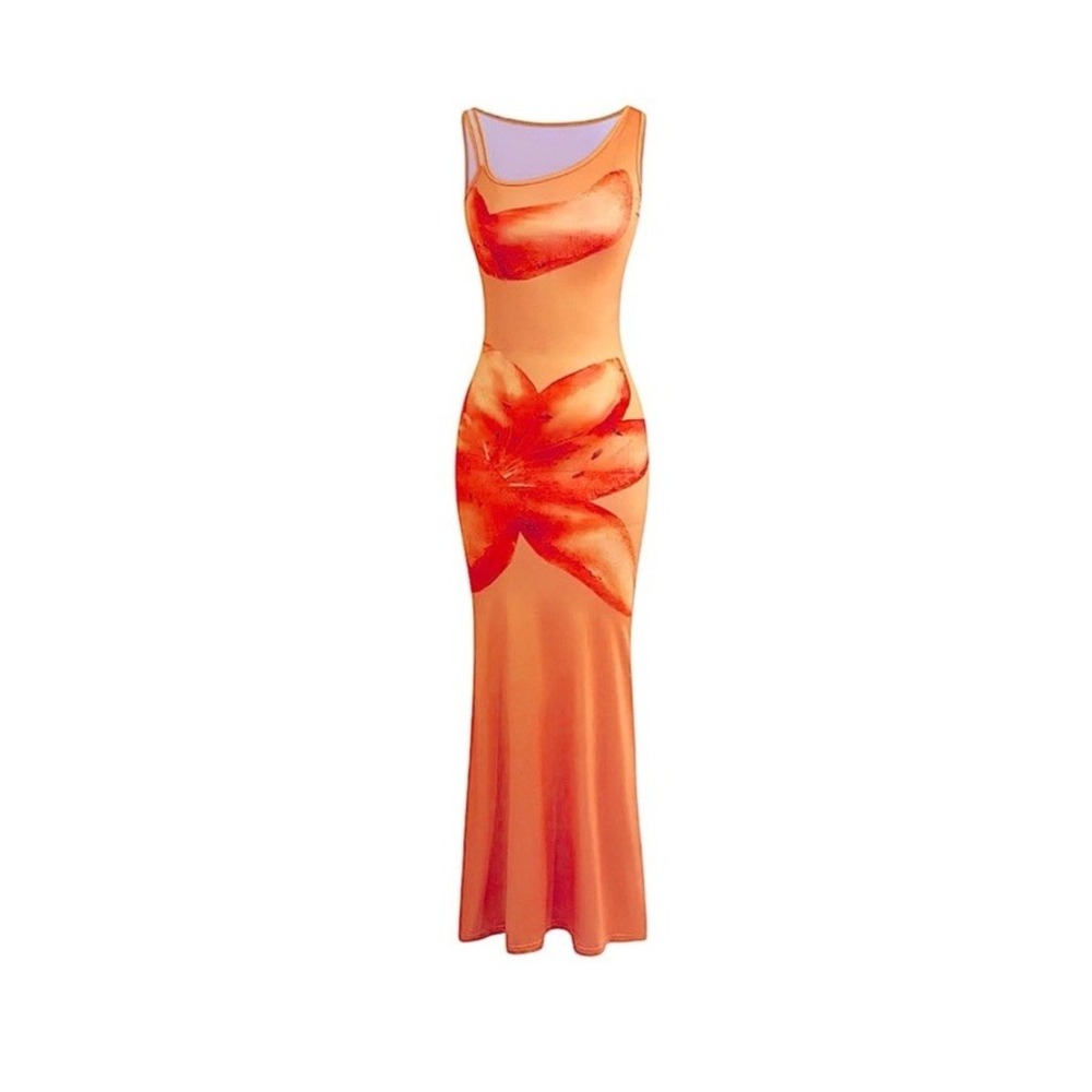 New Maxi Women's S/ US 2 Micas Lily Print Tank Dress Tangerine Summer Sexy Shiny
